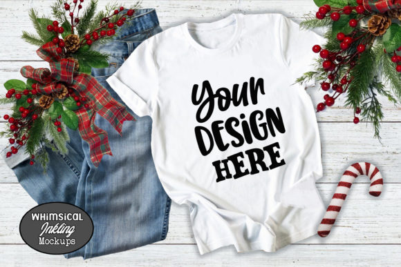 Candy Cane White Tee Mockup: Festive Illustrations