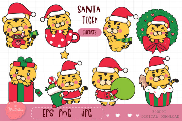 Cute Baby Tiger, Kawaii Christmas Santa Illustrations