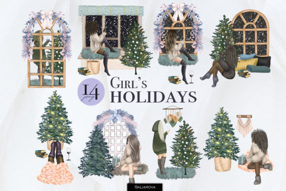 Girl s Christmas Holidays: Festive Illustrations for Sellers