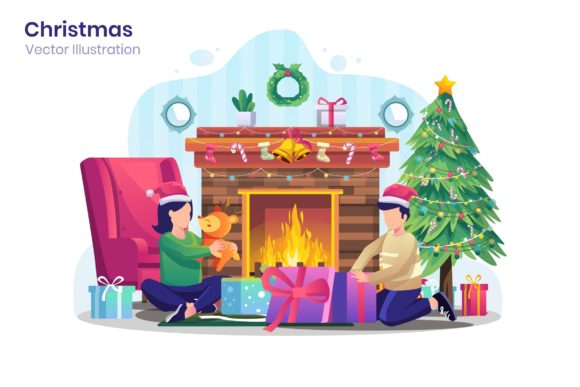 Kids Open Christmas Gift Illustrations Review